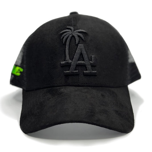 "LA Palms" Black on Black Mesh Suede Trucker 5 panel Hat